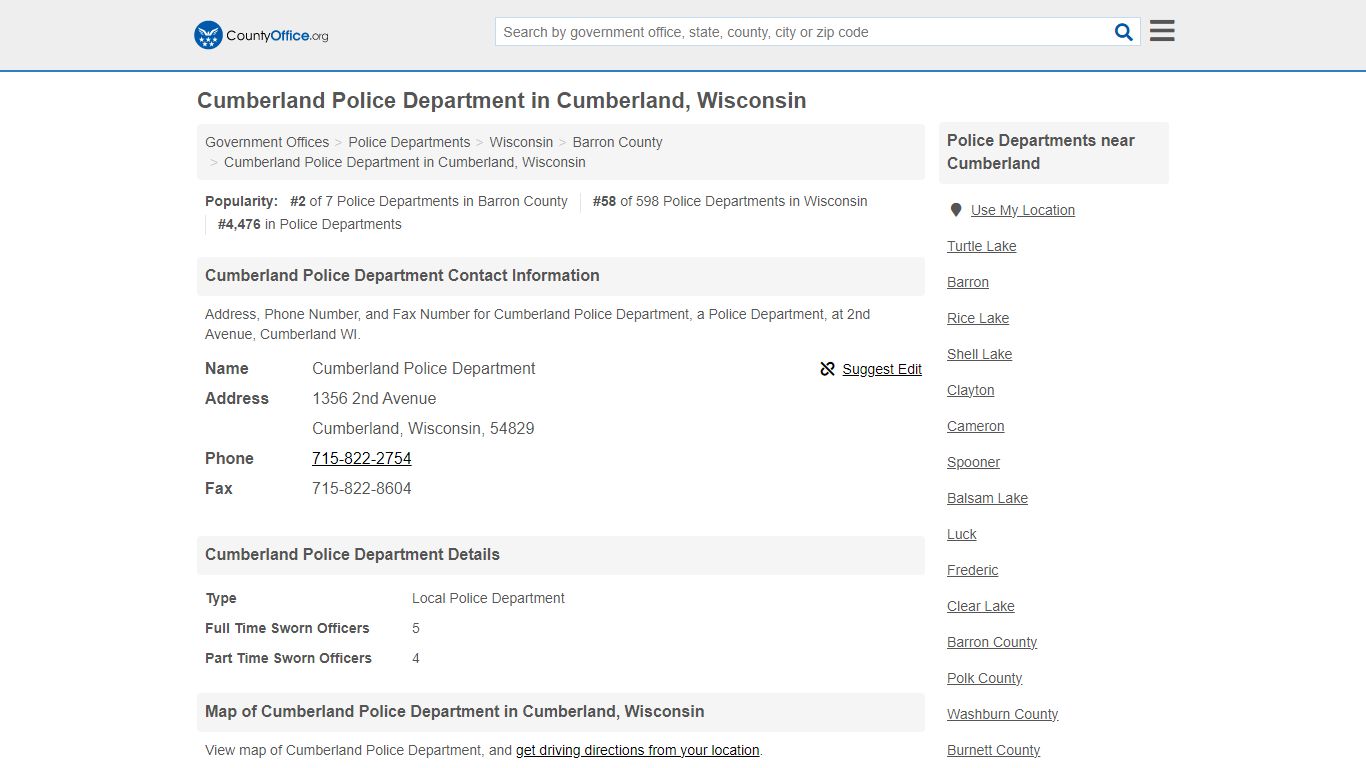 Cumberland Police Department in Cumberland, Wisconsin - County Office